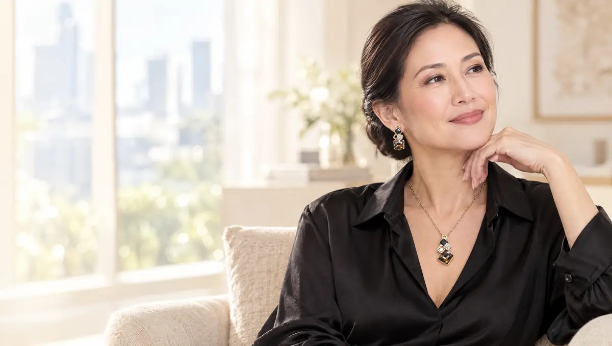 Woman in a black silk blouse wearing the Gold Noir Deco pendant and earrings