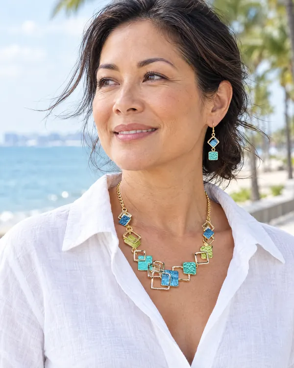 Golden Ocean Geometric Harmony Set worn by the seaside