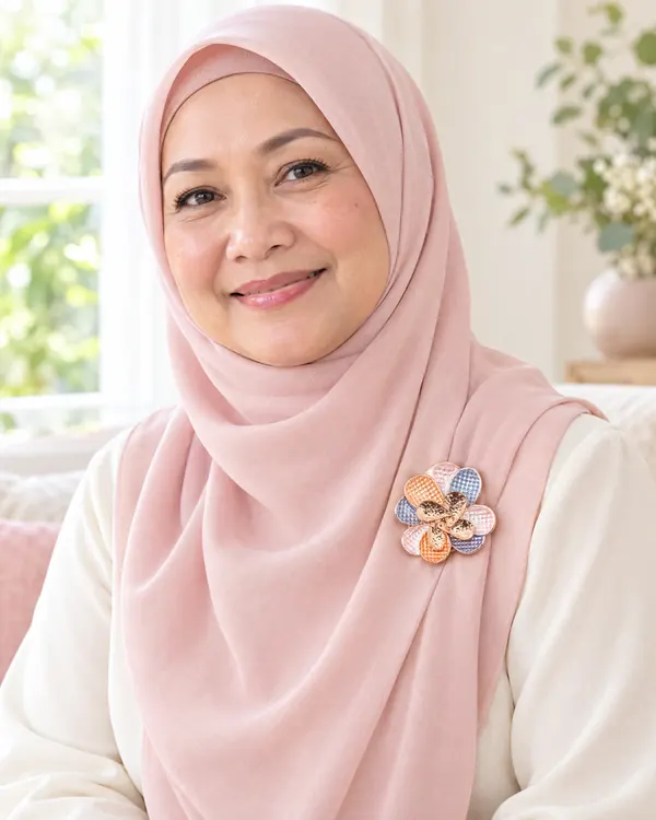 Magnetic flower brooch worn on a tudung, no pin holes