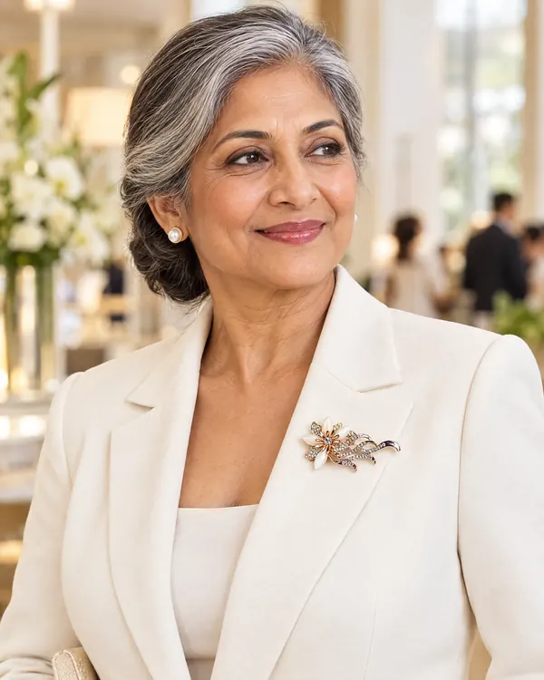 Woman in an ivory blazer wearing the Elegant Floral Crystal Brooch Pin in Rose Gold