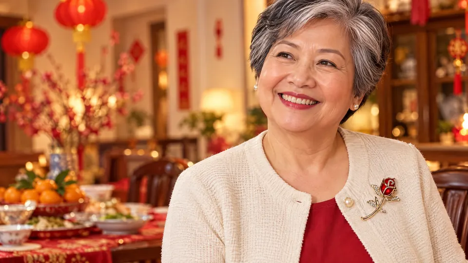 Crimson Desire Rose Brooch worn for Chinese New Year