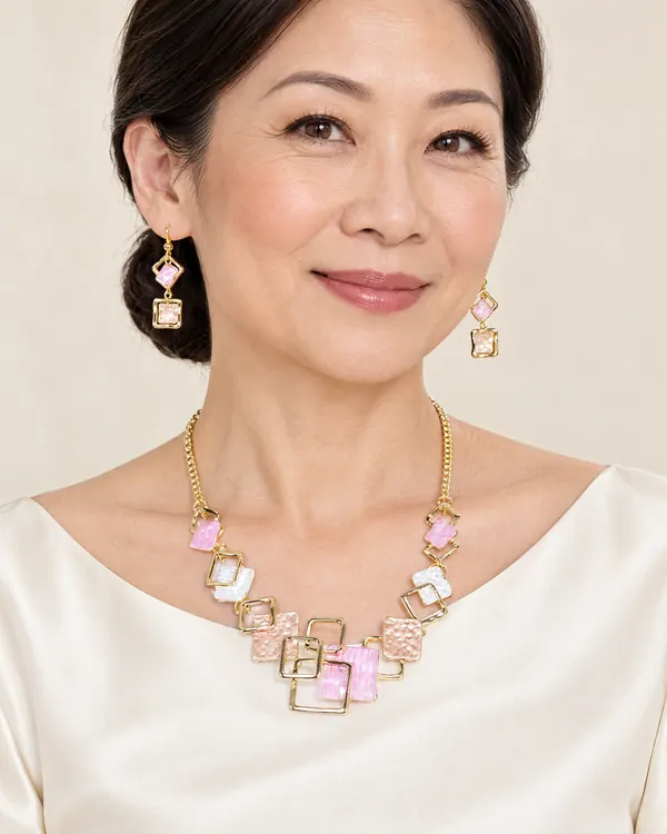 Woman wearing the Golden Blush Geometric Harmony Set