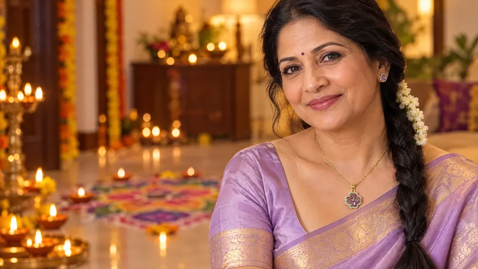 Indian woman in a lilac saree wearing the Gold Tone Purple Crystal Flower Pendant at Deepavali