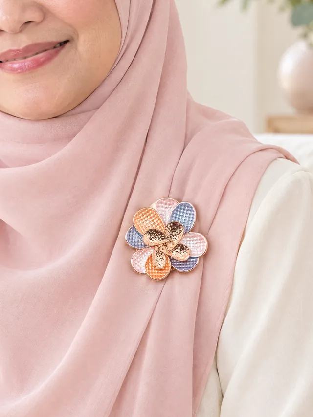 Flower Brooch in Pink Blue Orange Magnetic worn on a blush tudung